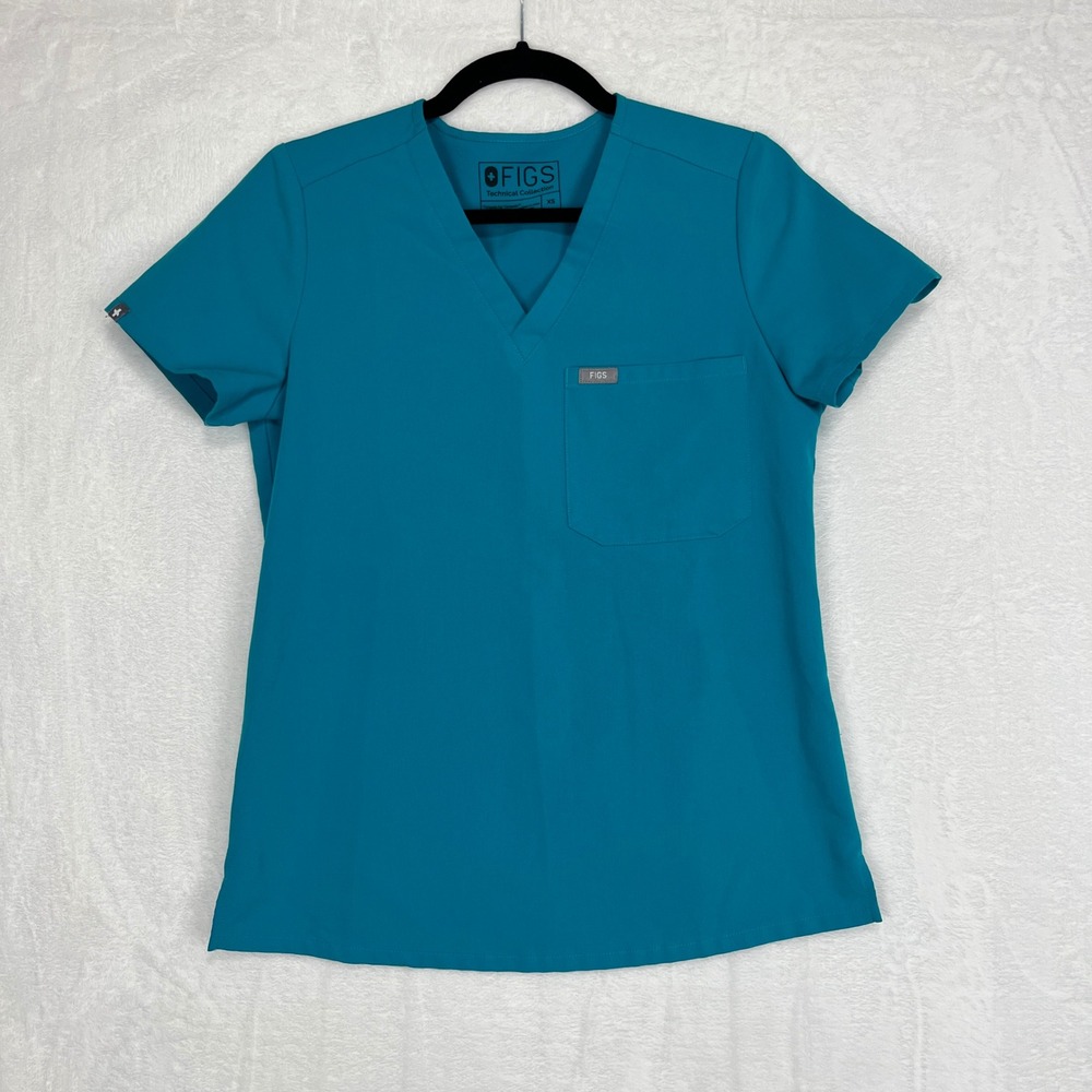 FIGS Catarina One-Pocket Scrub Top Women XS Teal V-Neck Short Sleeve Technical